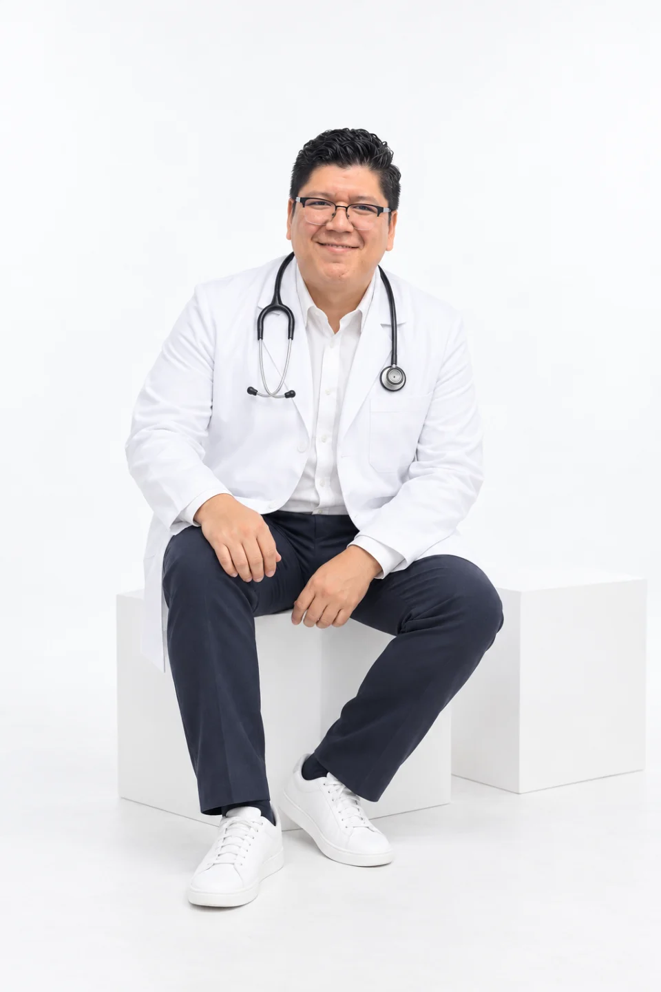 Dr. Luis Ramírez Corona con bata blanca, sentado sobre cubos blancos